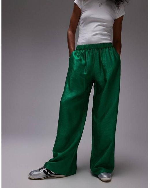 TOPSHOP Green Textured Satin Straight Leg Drawcord Trouser