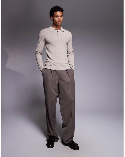 ASOS Gray Muscle Fit Long Sleeve Knitted Rib Polo for men