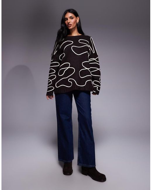 Kaiia Black Exclusive Wool Feel Crew Neck Abstract Stitch Jumper
