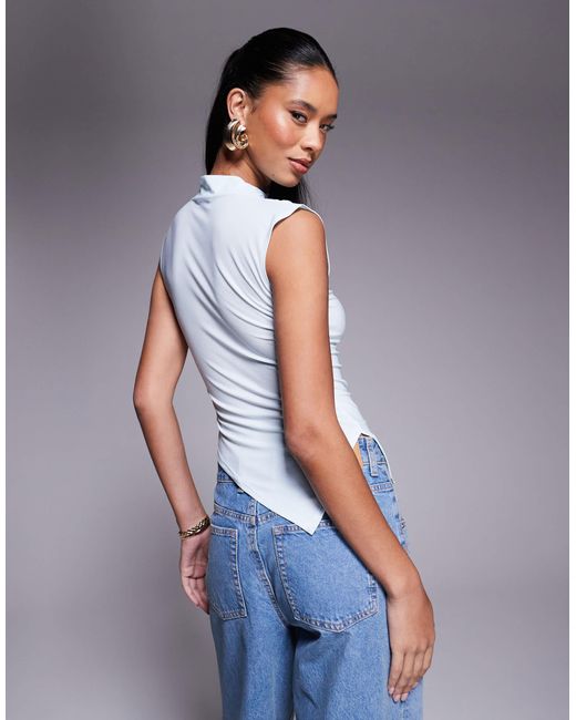 ASOS Blue Grown On High Neck Gathered Asymmetrical Hem Top