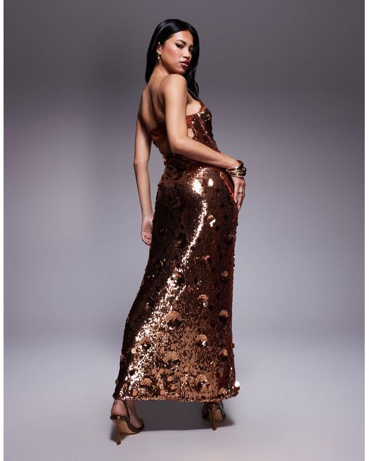 ASOS Brown Sequin Lace Trim Cami Maxi Dress With 3D Embellishment
