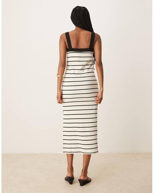 Mango White Square Neck Striped Straight Fit Midaxi Dress