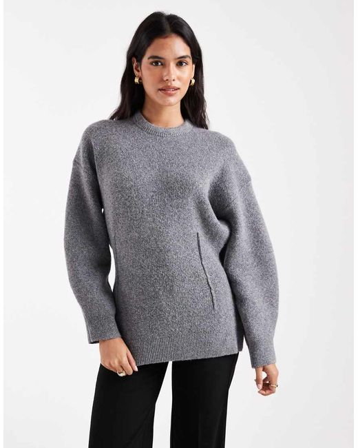 ASOS Gray Structured Longline Waisted Crew Neck Jumper