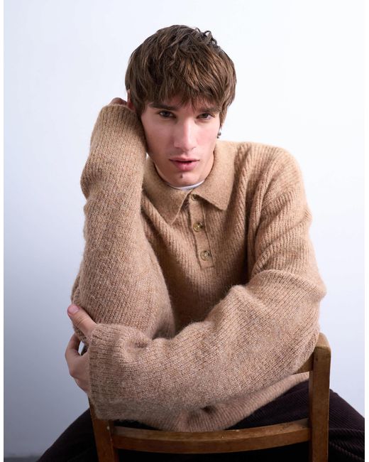 Topman Brown Oversized Fit Knitted Polo for men