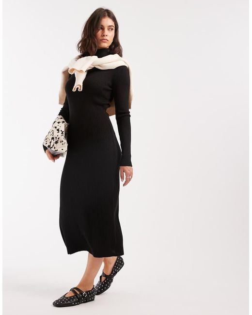 Brave Soul Black Knitted Turtle Neck Ribbed Midi Jumper Dress