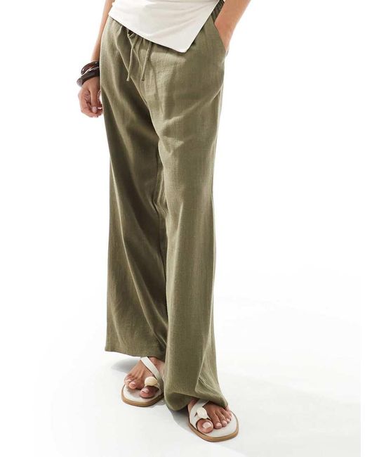 Pantalones Caquis De Pernera Ancha Con Cordón Ajustable En La Cintura De Mezcla De Lino De -Verde Miss Selfridge de color Metallic