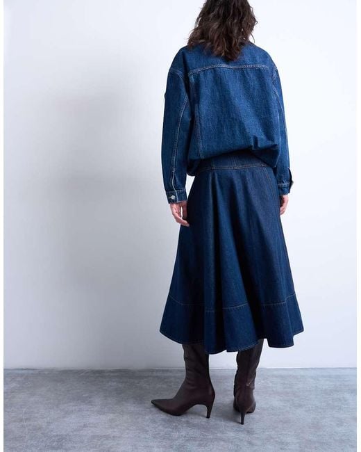 TOPSHOP Blue Denim Dropped Waist Seamed Midi Skirt