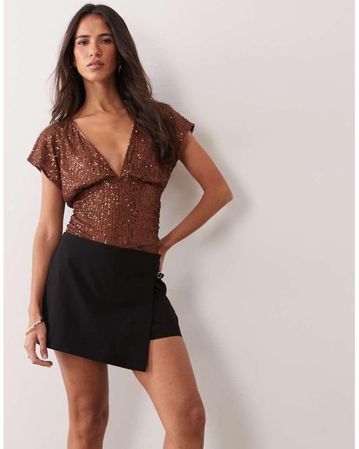 Miss Selfridge Brown Sequin V-neck Top With Gathered Waist