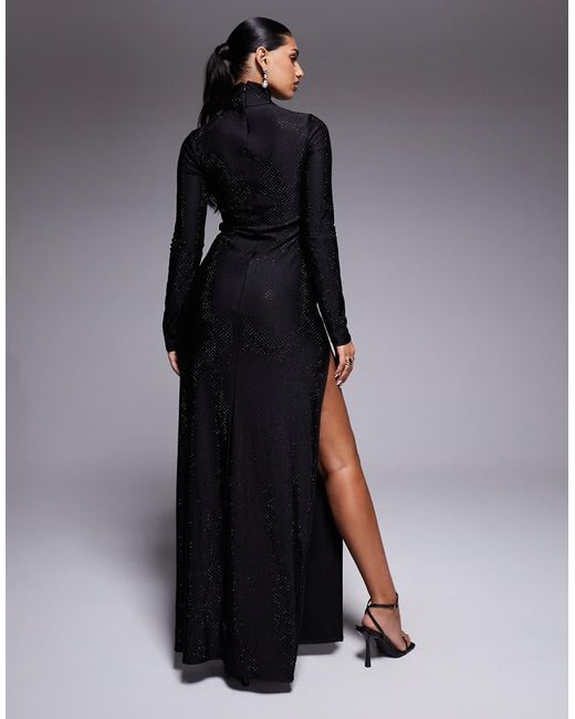 AFRM Black Hotfix Roll Neck Thigh Split Maxi Dress