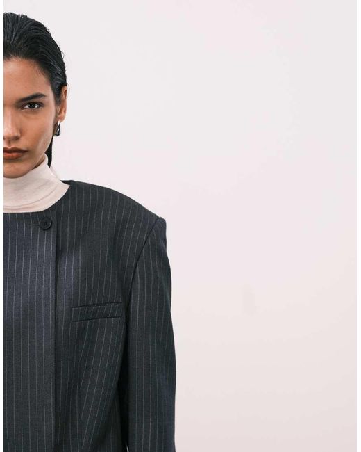 ASOS Blue Tailored Strong Shoulder Collarless Blazer