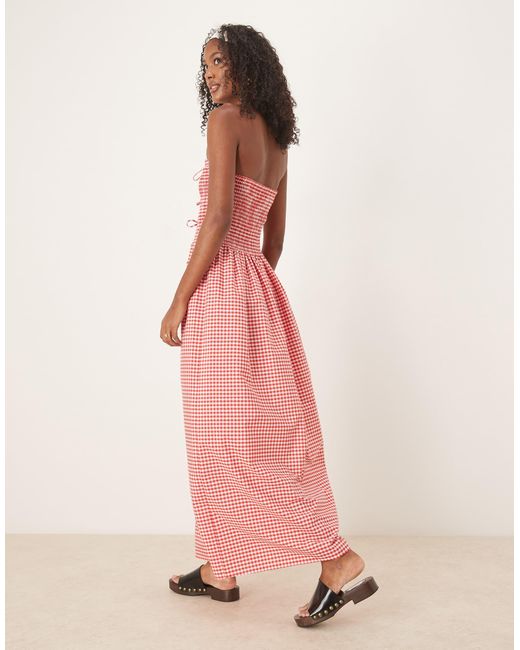 ASOS Pink – trägerloses maxikleid mit -weißen vichy-karos, gesmoktem oberteil und bindedetail