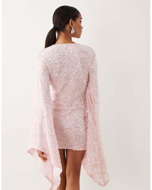 ASOS Pink Sequin Plisse Batwing Mini Dress With Ruching Detail