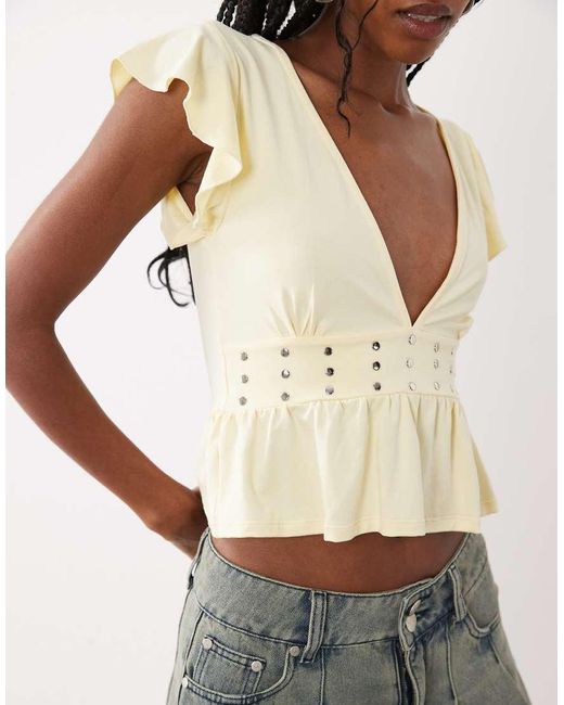 Motel White Leisma Studded Frill Plunge Top