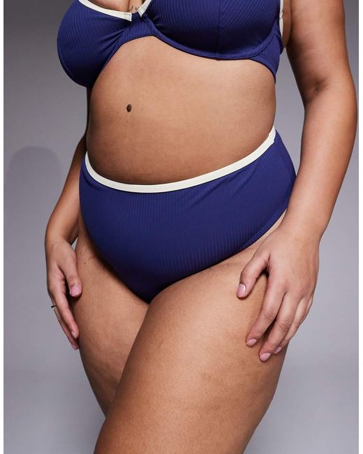 ASOS Blue Asos Design Curve Ronnie Ribbed Contrast Binding Azores High Leg High Waist Bikini Bottom