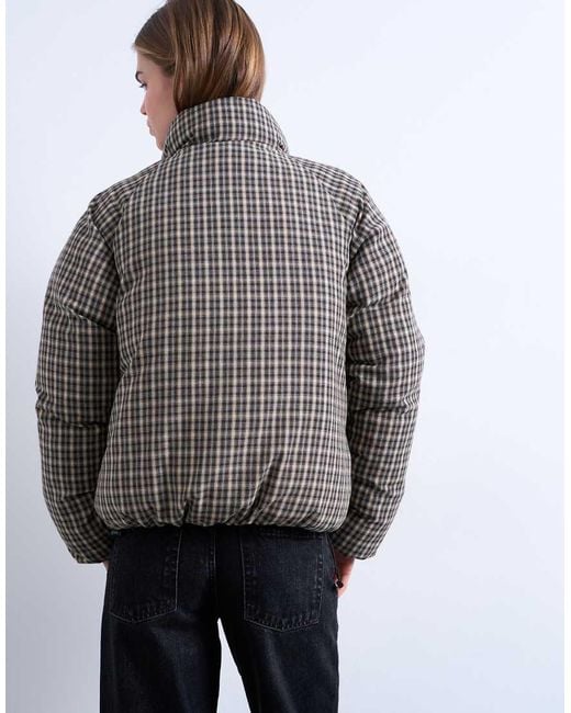 TOPSHOP Gray Micro Check Funnel Neck Puffer Jacket
