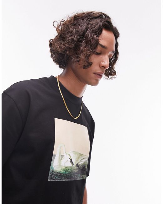 Topman Black Oversized Fit T-shirt With Swan Chest Print for men