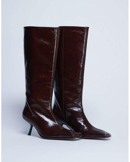 Botas Por La Rodilla Marrón Con Puntera Cuadrada De Cuero Premium Scarlett De TOPSHOP de color Brown