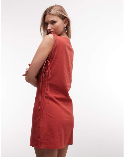 Reclaimed Vintage Red Mini Dress With Tie Sides And Embroidery