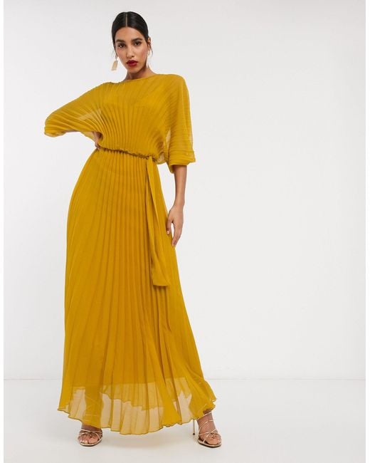 ASOS Eivissa Blouson Pleated Maxi Dress With Self Belt-yellow