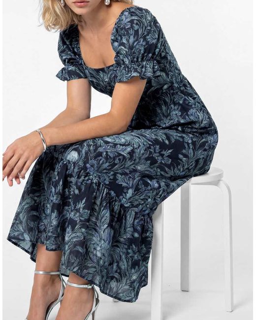 Lovedrobe Blue Floral Print Puff Sleeve Square Neck Midaxi Dress
