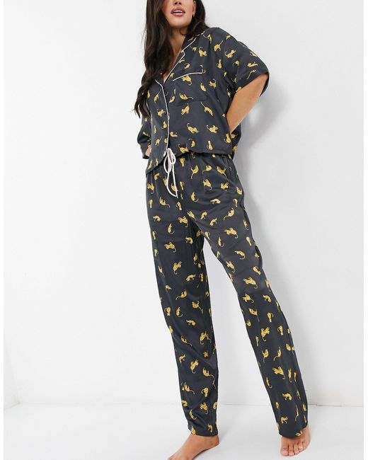 TOPSHOP Cat Print Satin Pyjama Set in Black | Lyst Australia
