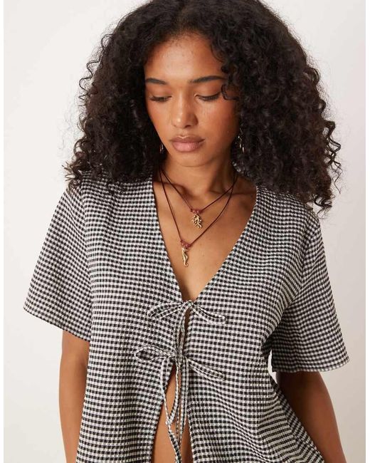 Jdy Gray Tie Front Seersucker Top Co-ord