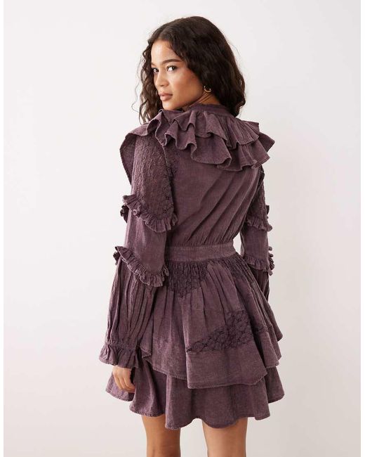 ASOS Purple Mini Dress With Cinched Waist Ruffle Detail And Lace Inserts