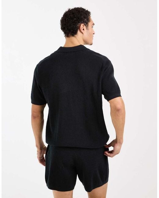 ASOS Black Relaxed Knit Airtex Notch Neck Polo Shirt for men