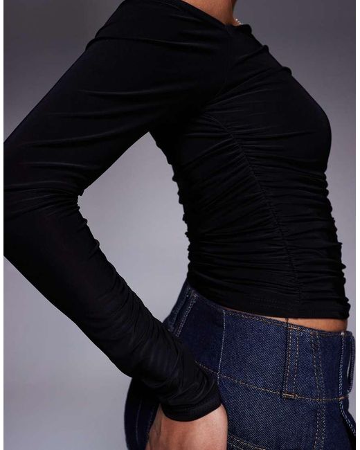 Kaiia Blue Exclusive Double Layered Slinky Off Shoulder Long Sleeve Top