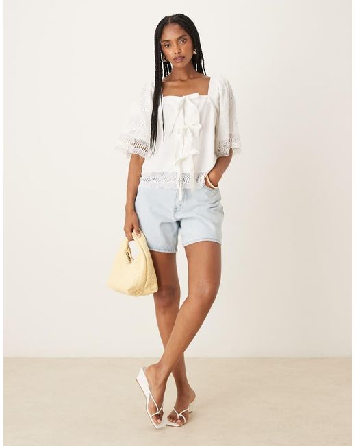 Y.A.S White Crochet Trim Tie Front Square Neck Blouse