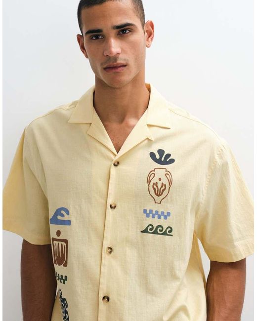 ASOS Natural Boxy Oversized Revere Shirt With Placement Print for men