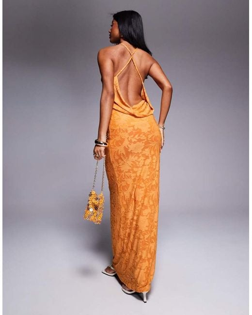 ASOS Orange Mesh Maxi Dress With Draped Back