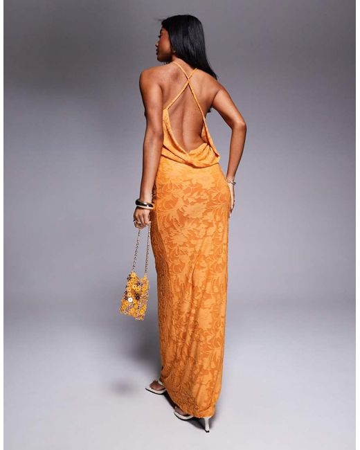 ASOS Maxi Jurk Van Mesh Met Gedrapeerde Achterkant in het Orange