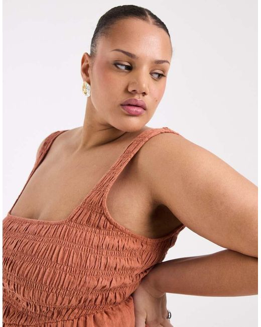 ASOS Orange Asos Design Curve Selina Beach Textured Cotton Shirred Mini Sundress