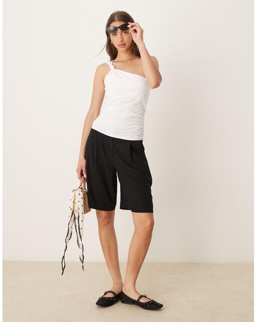 Mango White Jersey One Shoulder Twisted Knot Detail Top With Ruched Cinch Waist