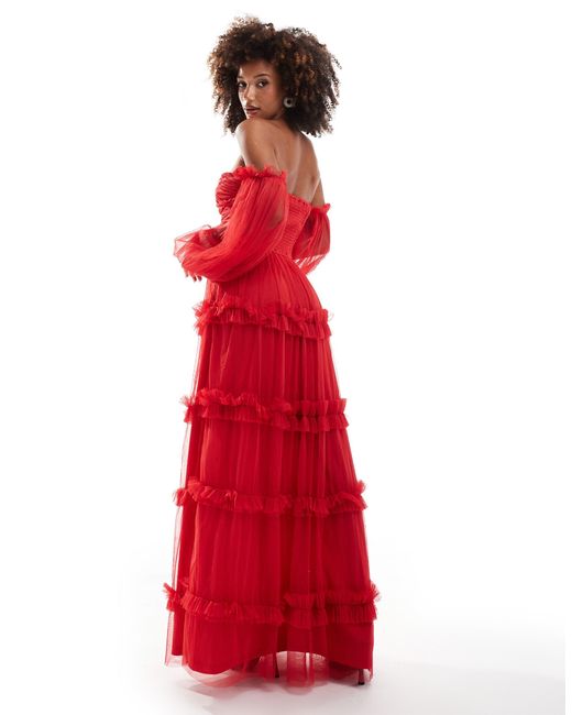 LACE & BEADS Red Sheer Sleeve Tulle Ruffle Maxi Dress