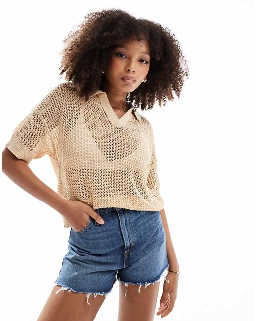 Pimkie Blue Crochet Collar Detail Cropped Top