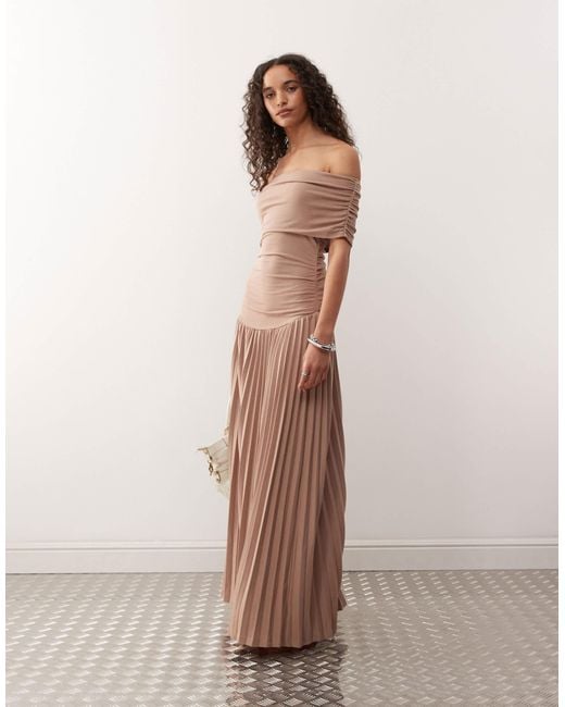Lioness Natural Field Of Dreams Bardot Ruched Waist Pleated Drop Hem Maxi Dress