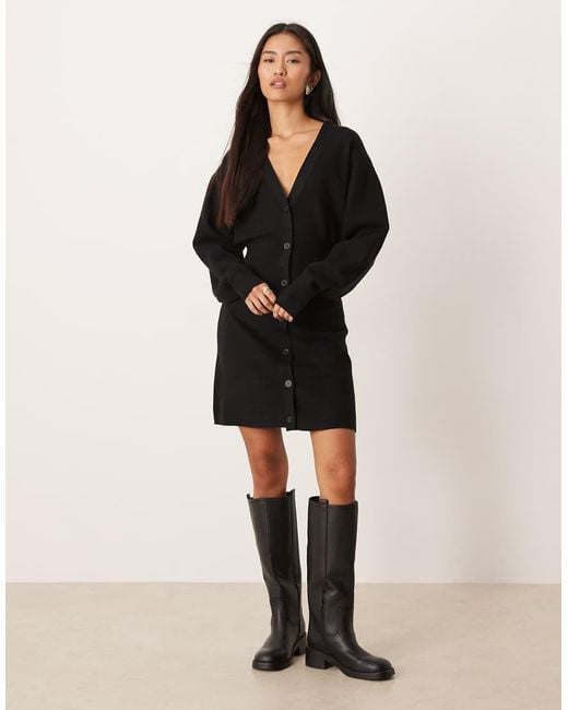Gina Tricot Black Long Bell Sleeve V Neck Mini Knitted Button Dress