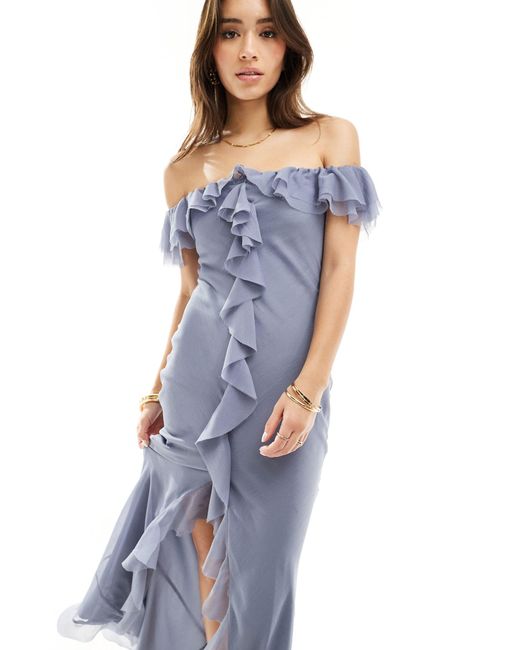 ASOS Blue Frill Bardot Bias Cut Maxi Dress