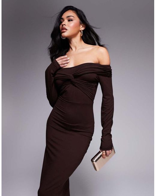 ASOS Brown Off Shoulder Twist Midi Dress With Long Sleeves
