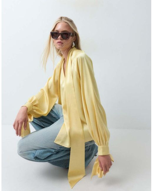 ASOS Multicolor Satin Tie Cuff Tie Neck Button Down Blouse