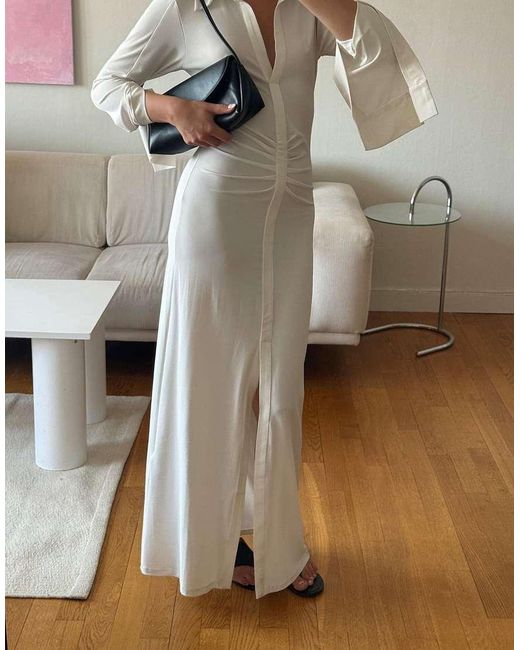 NA-KD Natural Rouched Shirt Maxi Dress