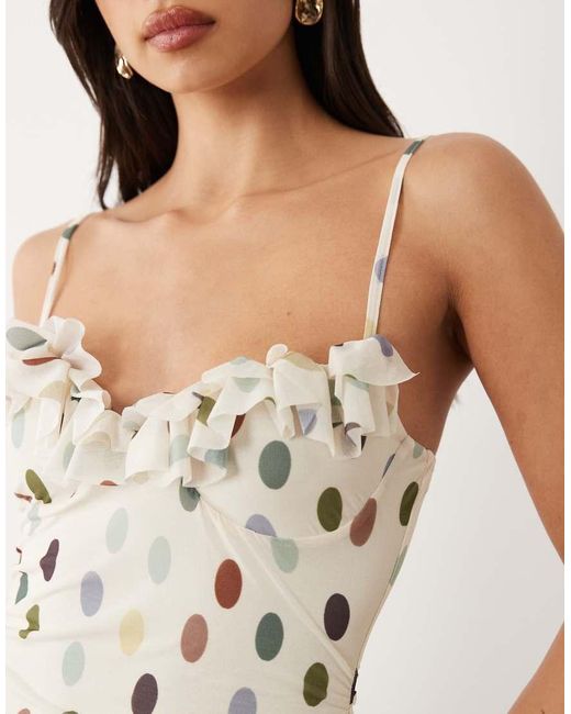 ASOS Natural Printed Polka Dot Stretch Chiffon Midi Dress With Frill Bust Detailing