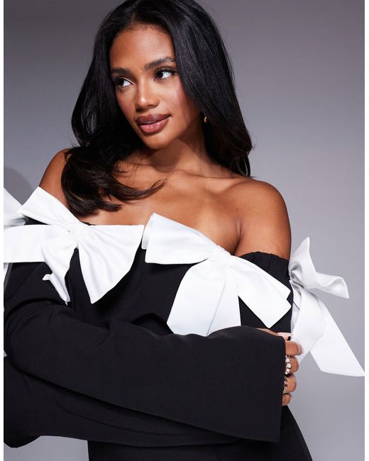 ASOS Blue Satin Bow Off-shoulder Jumpsuit