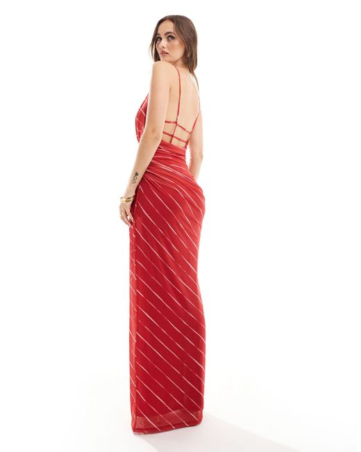 ASOS Red Deep Cowl Neck Mesh Maxi Dress With Exposed Bra Detail