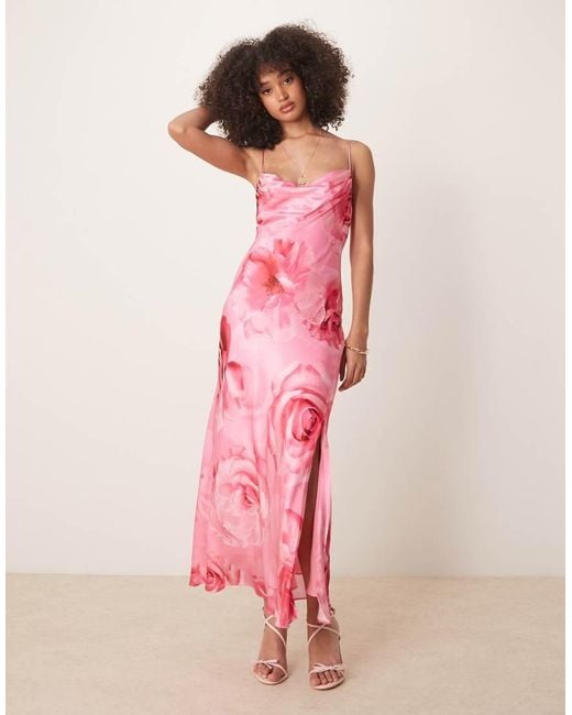 Forever New Pink Oversized Rose Print Satin Slip Maxi Dress