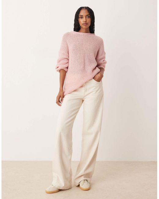 ASOS Pink Knitted Relaxed Slash Neck Jumper With Rolled Edge Detail