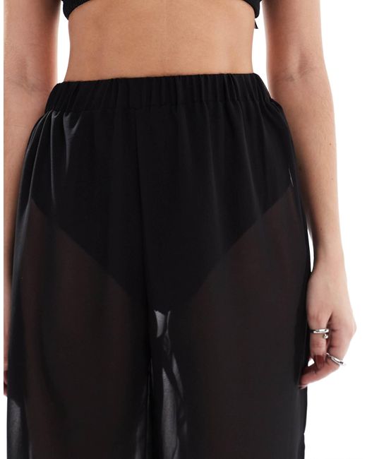Threadbare Black Sheer Wide Leg Beach Trousers With Side Split