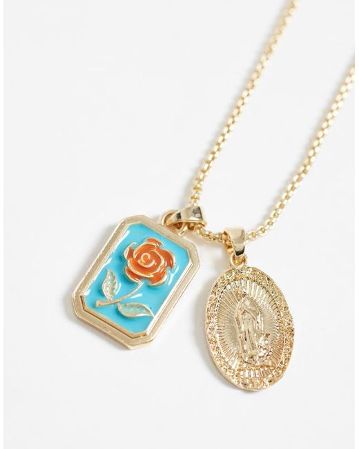 ASOS Metallic Enamel Rose And St Chris Double Pendant Necklace for men